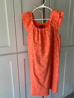 Chris McLaughlin Coral Orange Textured Dot Ruffle Sleeve Shift Dress, Size 10.